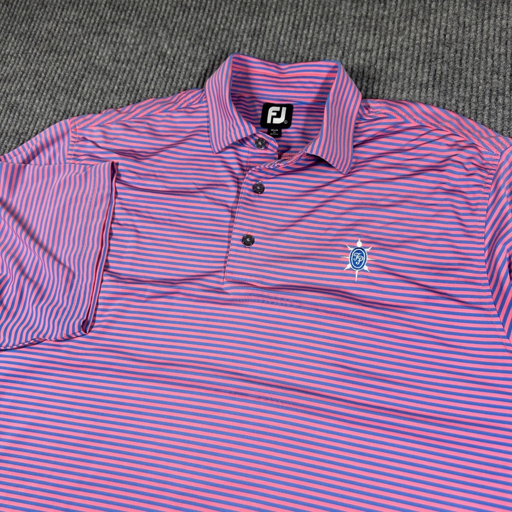 FootJoy Shirt Men L Pink Blue Striped Short Sleeve Golf Polo Performance Logo